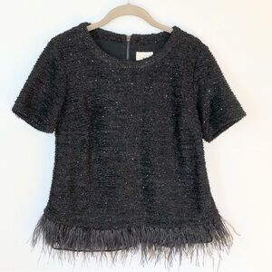 DELETTA black tweed feather trim top M